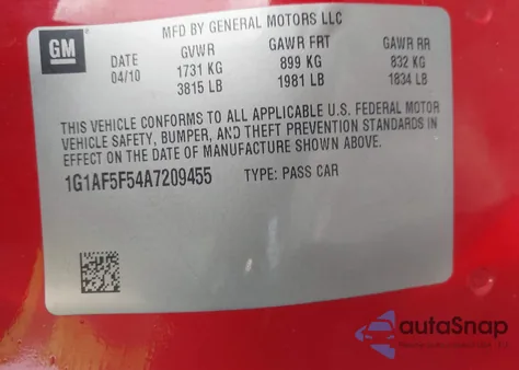 2010 Chevrolet Cobalt Lt z USA, uszkodzony, nr VIN 1G1AF5F54A7209455
